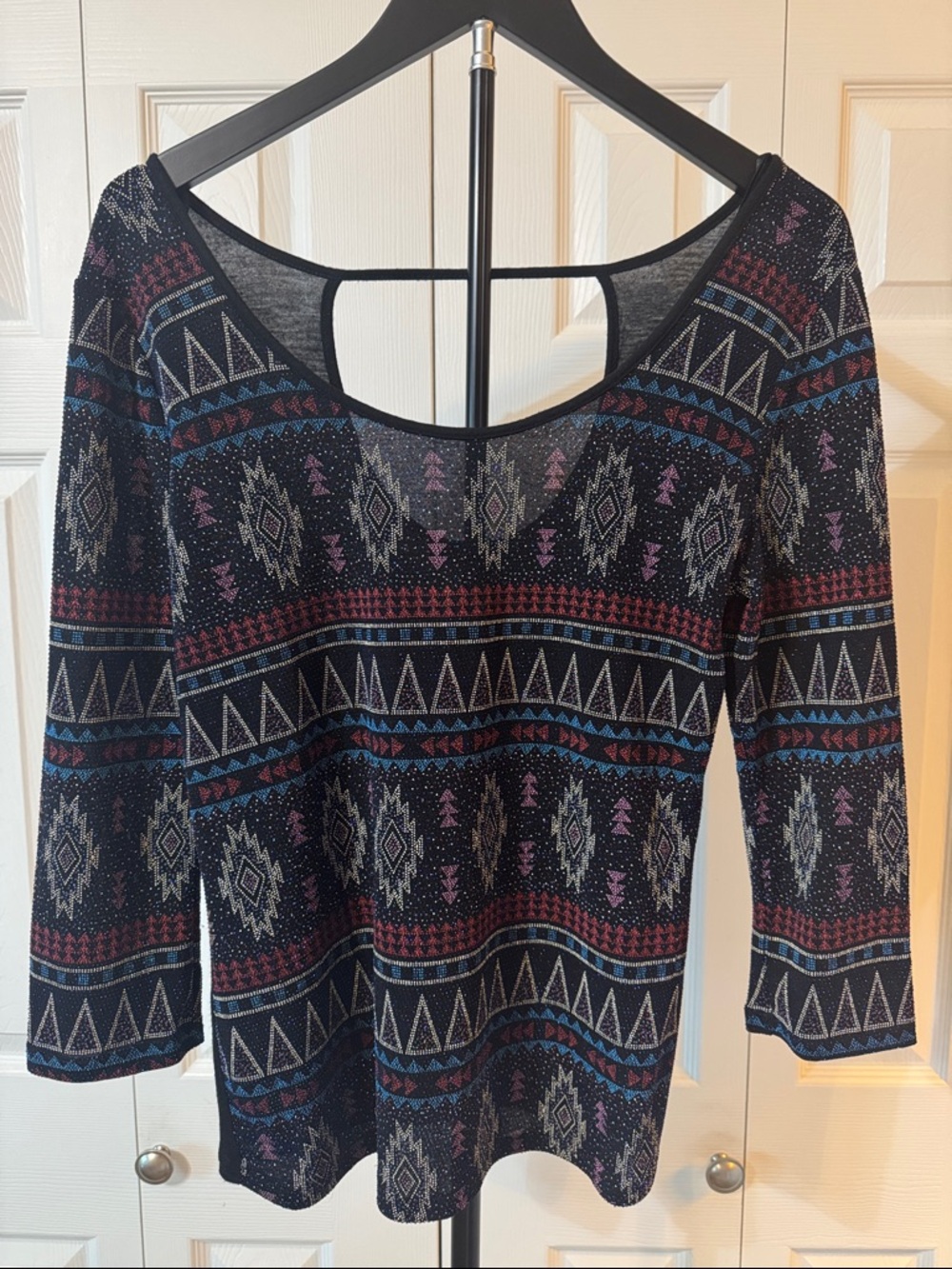Deb Black with Multi Color Aztec Print Scoop Back Top